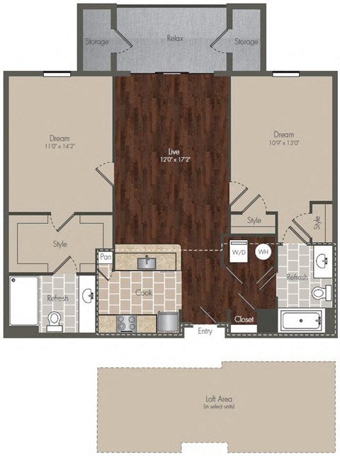 Floor plan for 2 beds, 2 baths, 947 sqft
